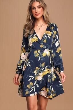 Lulus Women Large Navy Blue Floral Print Wrap Satin Dress NEW!